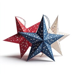 Obraz premium Three star shaped ornaments in red white and blue with star patterns on a white background