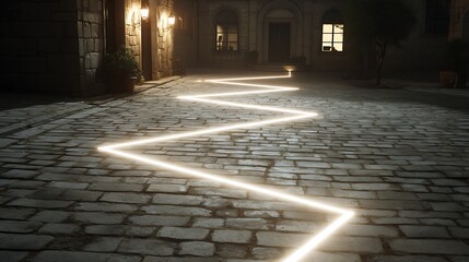 Lantern light tracing cobblestone lines