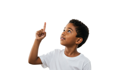 Young mixed-race boy, 8-12, in white t-shirt, pointing up with wide, curious eyes on bright white studio background, soft high-key lighting. Concept of childhood wonder and discovery