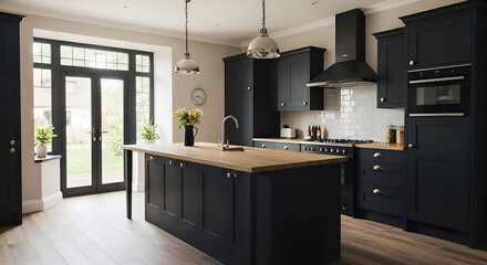 Modern kitchen with dark cabinetry and light wood countertop. Spacious interior showcasing open-plan design with large windows, allowing natural light to flood the room.