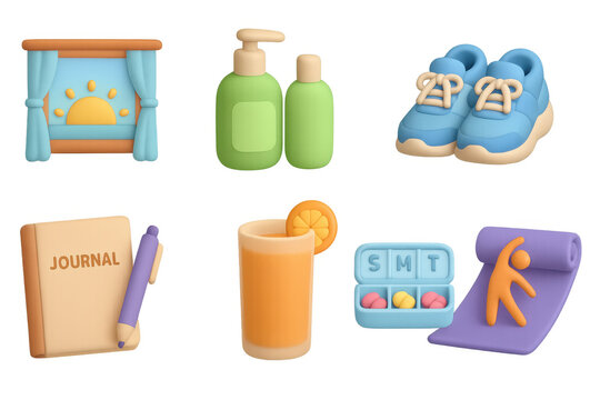 Colorful 3d icons of morning routine essentials for a healthy lifestyle