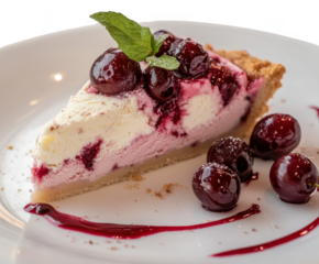 Close up of a slice of cherry tart with fresh cherries and mint isolated on transparent background