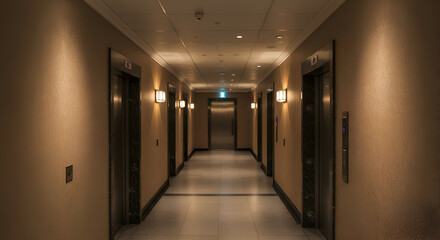 Empty hallway with multiple elevator doors in a modern apartment building. Well-lit corridor with dark brown walls and polished stone floors.