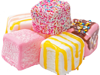 Assortment of colorful petit fours cakes isolated on transparent background