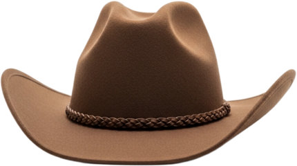 Classic brown cowboy hat with intricate braided band resting on a rustic wooden table