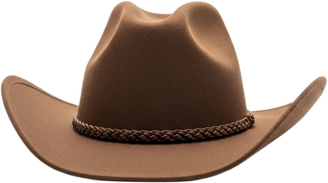 Classic brown cowboy hat with intricate braided band resting on a rustic wooden table