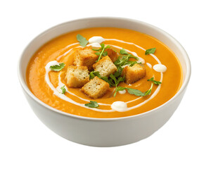 A bowl of orange soup topped with croutons cream and herbs on a white background close up view