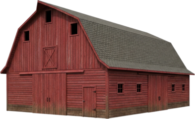 Rustic red barn stands tall under a clear sky in the countryside at golden hour