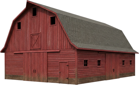 Rustic red barn stands tall under a clear sky in the countryside at golden hour