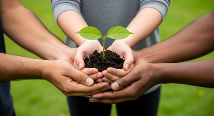 Planting growth: hands holding seedling stock photo