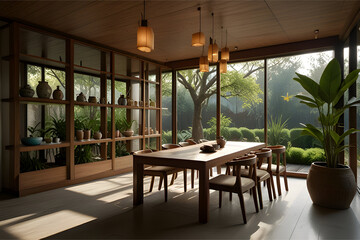 Obraz premium Modern tea house with wooden furniture, ceramic teapots, large windows, potted plants, and a calming earthy color palette, realistic and commercially appealing