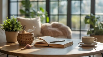 Open book and coffee cup on a wooden table with plants reading