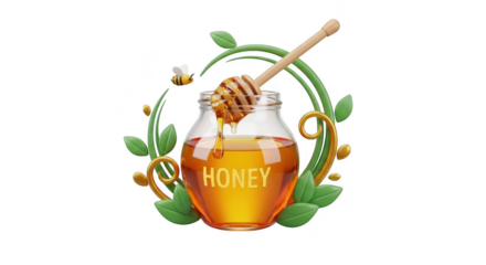3d icon of a 3d rendering of a honey jar with a dipper and bee, isolated on transparent background, representing natural sweetness and organic food