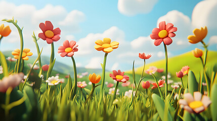 Naklejka premium A Vibrant Field of Colorful Flowers Under a Blue Sky