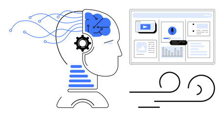 Stylized human head with AI circuitry, neural links, and gear next to interactive digital dashboard. Ideal for technology, AI, innovation, big data, automation, machine learning digital