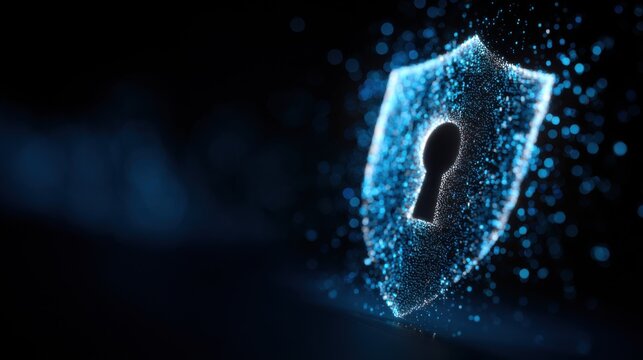 Digital shield with a keyhole symbolizing cybersecurity and data protection in a dark background