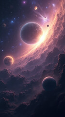 Alien Planet Landscape with Multiple Moons and Celestial Event