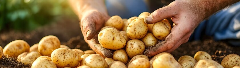A pair of hands holds freshly harvested potatoes, showcasing their earthy texture against a backdrop of fertile soil and greenery.