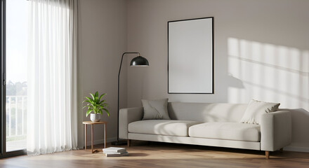 Empty light beige living room corner with modern furniture and natural light. Empty frame, beige couch, and floor lamp, creating a minimalist and spacious ambiance.