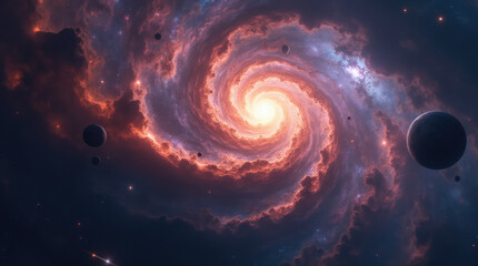 Spiral Galaxy in Space with Asteroids and Nebulae