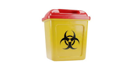3d icon of yellow biohazard container with red lid for disposal of sharps, needles, and medical waste isolated on transparent background