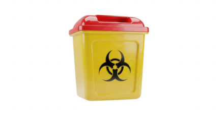 3d icon of yellow biohazard container with red lid for disposal of sharps, needles, and medical waste isolated on transparent background