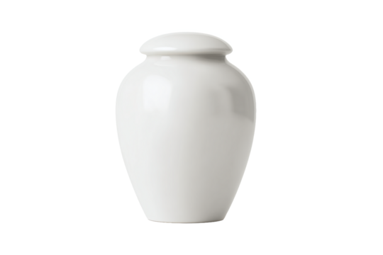 White ceramic urn with lid isolated on white transparent background