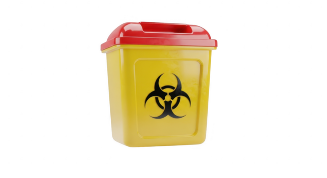 3d icon of yellow biohazard container with red lid for disposal of sharps, needles, and medical waste isolated on transparent background - Powered by Adobe