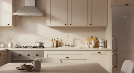 Modern beige kitchen with minimalist details, showcasing a spacious design. Empty kitchen space with minimalist style appliances, and warm, neutral colors, perfect for a homeowner in a modern home.