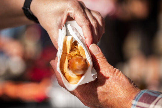Person serving democracy sausage in white bread with onion on election day at polling station