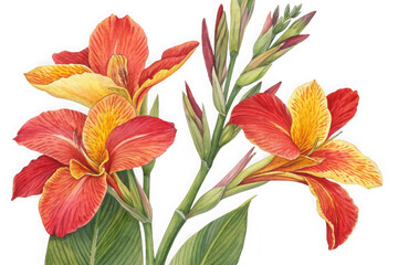 Vibrant canna lily flowers in shades of orange and yellow isolated on transparent background