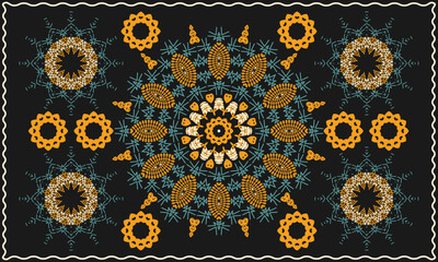 Multicolored ornament inscribed in a rectangle. Decorative panel, tablecloth, blanket or other. Yellow-blue palette, black background. Vector illustration