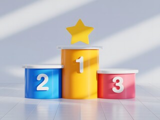 Colorful Podium for Top Three Winners with a Golden Star Symbolizing Success and Achievement in a 3D Rendering