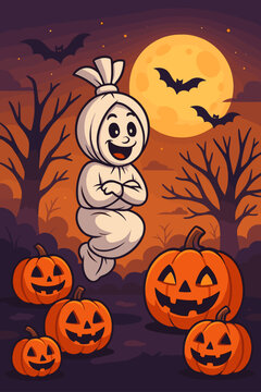 Pocong Halloween Night with Glowing Pumpkins