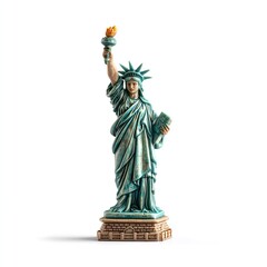 Fototapeta premium A statue of liberty miniature figurine with a torch and book on a white background in studio lighting