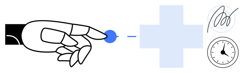 Robotic hand touching a blue dot near a medical cross, signature, and clock. Ideal for AI technology, health innovation, precision, automation, time management, digital solutions simple flat