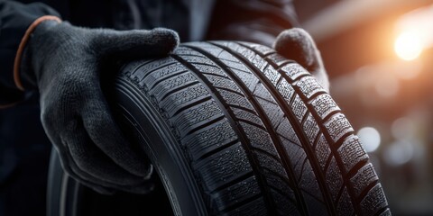 Mechanic working with a new tire while wearing black gloves in an automotive shop during daylight hours