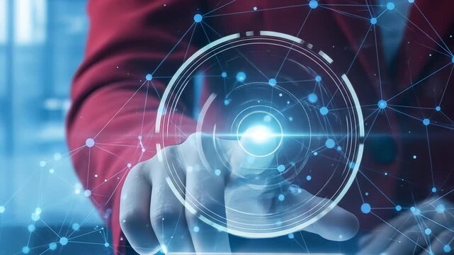 Close-up of a person in a red suit interacting with a transparent digital interface, featuring a futuristic circular HUD and interconnected network nodes, symbolizing technology, connectivity, and dat