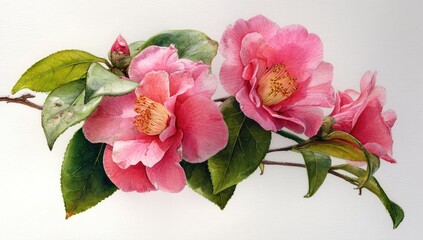 Obraz premium Delicate pink blossoms and lush green leaves on a branch, captured in exquisite detail against a bright white backdrop