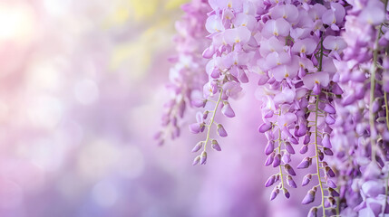 Obraz premium Beautiful Purple Wisteria Flowers Hanging in Soft Light