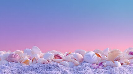 Delicate seashells and sand on a pastel sunset backdrop.