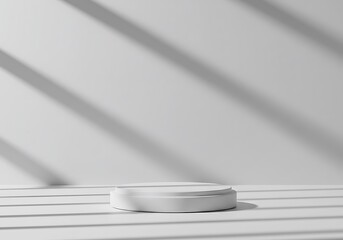Minimalist white pedestal with diagonal light shadows