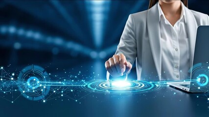 Businesswoman interacting with futuristic holographic interface and network connections in digital workspace. Concept of technology innovation, virtual data and advanced digital solutions
 - Powered by Adobe