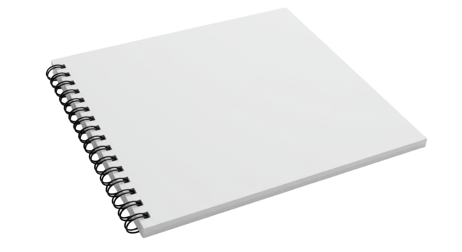 A blank spiral-bound notebook with unlined white pages and black wire binding, isolated on a transparent background with copy space, flat lay, soft studio light. Concept of fresh starts and