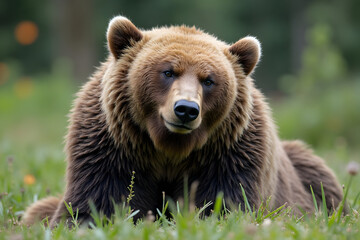 Fototapeta premium Brown Bear Resting in Grassy Meadow Closeup