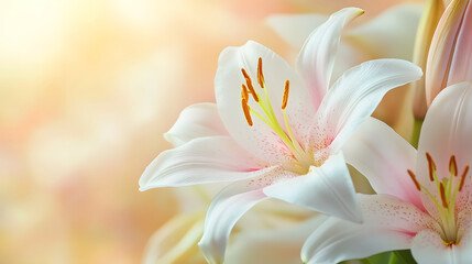 Close-up of beautiful white lilies with soft natural light