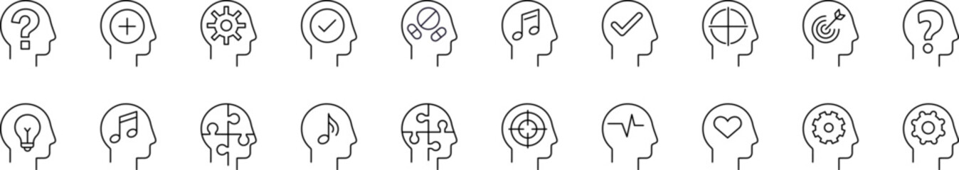 Thought, Brain, Mental Health Outline Simple Linear Image Collection. Editable Stroke. Perfect for Web Sites, Books, Cards, Apps