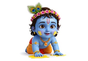Smiling baby Krishna with peacock feather crown in vibrant blue and yellow colors, Indian deity