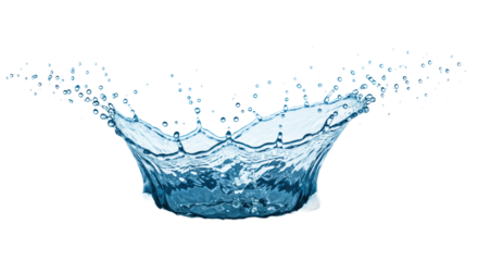 A dynamic clear blue water splash, sharp frozen droplets, spreading ripples on a transparent studio background. Concept of purity and vitality