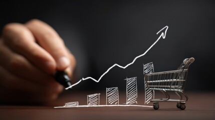 Business growth visualization with a shopping cart and increasing graph drawn with a marker